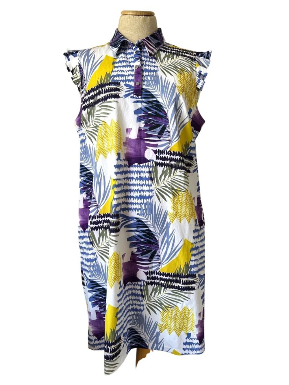 Chicos Zenergy Dress Women L Ruffle Sleeveless UPF Polo Floral Snaps Collar